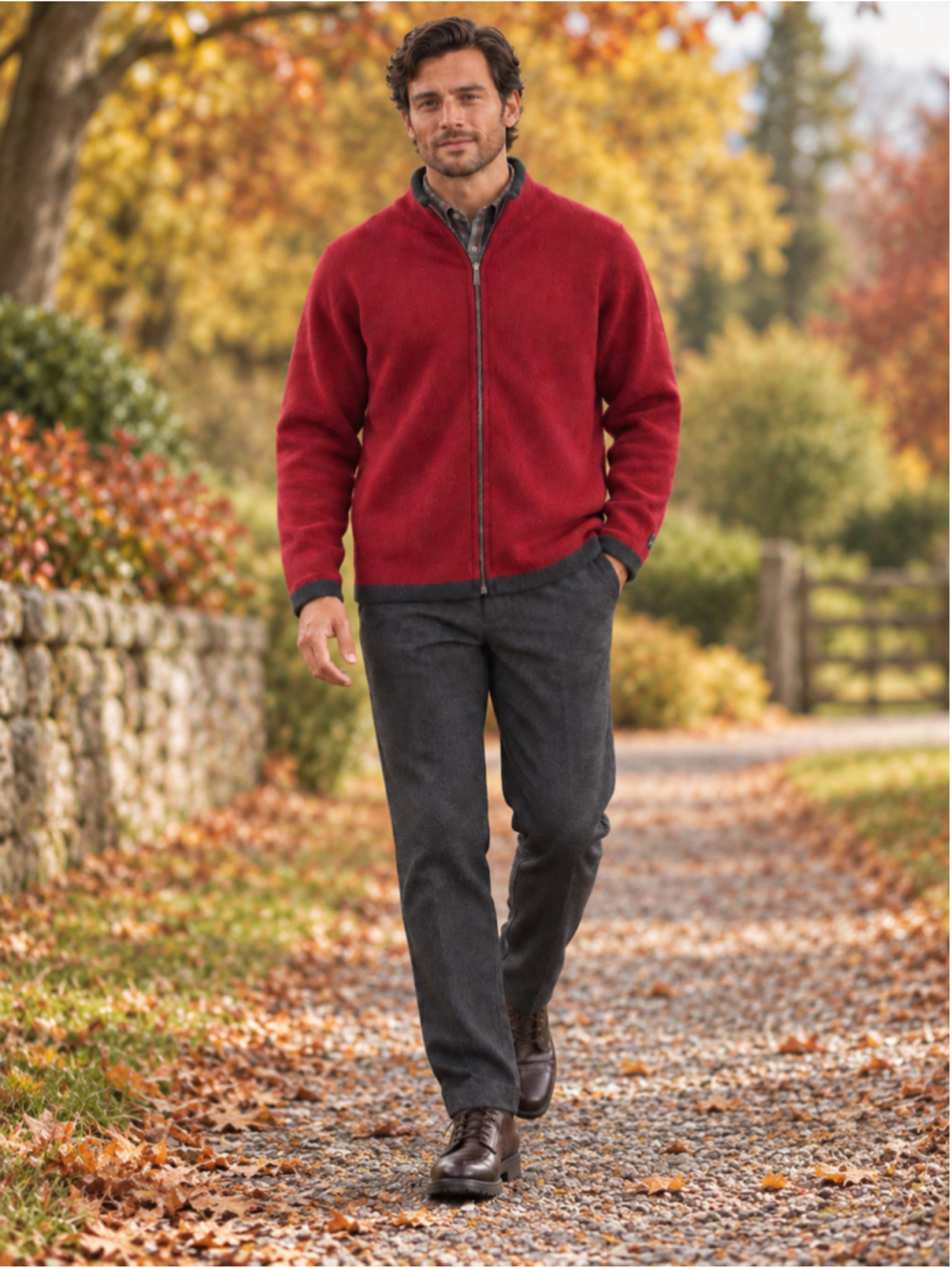 Lochaven of Scotland Cardigan Men M Lambswool Full Zip Old Money Heritage Red